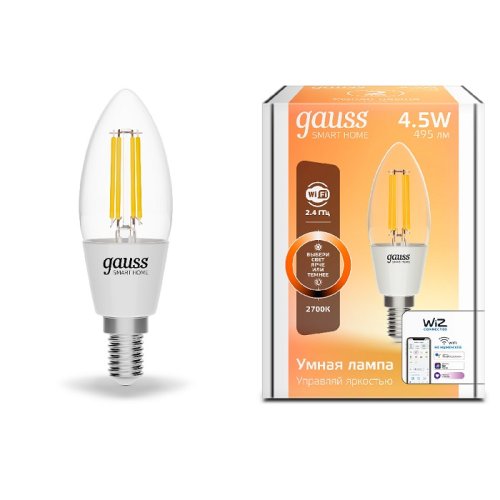 Лампа светодиодная филамент диммируемые Gauss Smart Home Свеча С35 Е14 220В 495Лм 4,5Вт 2700К картинка 